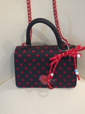 Betsey Johnson Black  Top-Handle Bag with Red Hearts & Red Chain